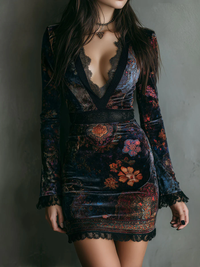 Vestido Mini Slim Fit em Veludo com Estampado Floral e Renda