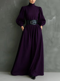 Elegante Vestido Maxi Justo Comprido de Gola Alta Roxo Escuro (com cinto)