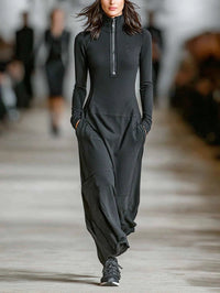 Vestido Maxi Casual com Fecho e Gola Alta Preto