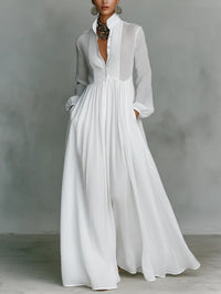 Vestido comprido minimalista em patchwork com gola subida e mangas compridas
