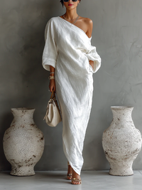 Vestido Maxi Elegante Fluido Branco com Ombros Descobertos (Sem bolsos)