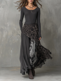 Vestido comprido com estampado leopardo e riscas cinzentas com bainha irregular
