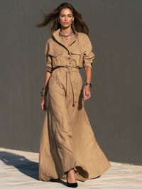 Vestido Camisero Maxi Utility Caqui para Mujer, Mangas Largas Enrollables, Cintura con Cordón, Vestido Safari Fluido