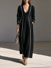 Vestido Maxi Preto de Senhora com Canalé em Contraste, Vestido Midi-Maxi com Mangas Compridas e Corte Justo com Bolsos Laterais