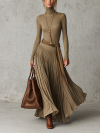 Vestido Maxi Plissado Elegante com Gola Alta e Mangas Compridas com Cinto na Cintura