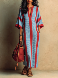 Vestido midi de viscosa con cuello en V y rayas rojas y azules