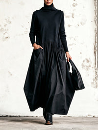 Odette | Vestido Maxi Oversize de Cuello Alto con Falda Fruncida, Negro