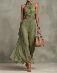 Vestido Maxi Halter em Chiffon de Cor Sólida
