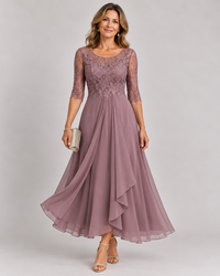 Dafne | Vestido midi com renda e saia assimétrica, Malva