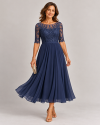Ottavia | Vestido midi com renda e saia fluida, Azul-noite