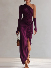 Elegante vestido maxi sexy roxo de um ombro só