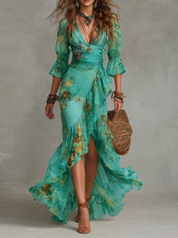 Vestido maxi de gasa verde hierba irregular con volantes y abertura