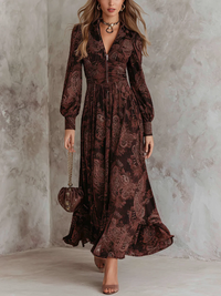 Vestido Maxi Castanho Paisley com Fecho à Cintura