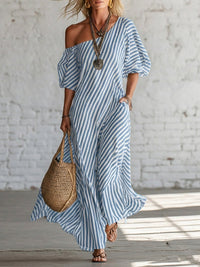 Vestido Maxi Elegante e Clássico às Riscas com Ombros Descobertos