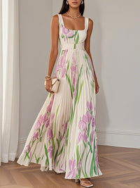 Vestido Maxi em Chiffon Branco Plissado, Sem Mangas, de Corte em A com Flores