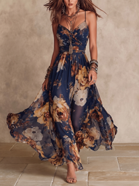 Melissa | Vestido Maxi em Chiffon com Estampado Floral e Alças Finas, Azul-Marinho