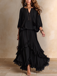 Annalisa | Conjunto de Top de Gasa y Falda con Volantes, Negro