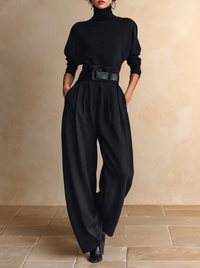 Jolanda | Conjunto de Gola Alta e Calças com Cinto, Preto