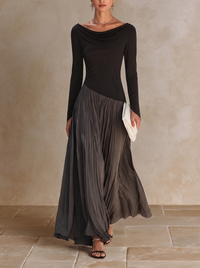 Virginia | Vestido Maxi Plissado com Gola Drapeada, Preto e Cinzento