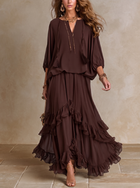 Dalila | Conjunto de Top em Chiffon e Saia com Folhos, Chocolate