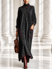 Manuela | Abito lungo in suede sintetico nero con cuciture a contrasto rosso e tasche a toppa