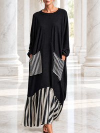 Stefania | Vestito lungo oversize in cotone nero con righe stile patchwork
