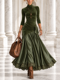 Antonella | Vestido comprido em veludo e cetim com painéis e bainha em renda verde-azeitona