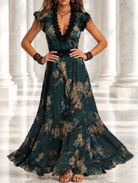 Lucia | Vestido comprido em chiffon vintage verde-escuro com renda floral