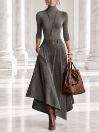 Francesca | Completo top a collo alto grigio e gonna midi asimmetrica in suede sintetico (con cintura)