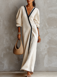 Vestido Maxi de Mujer en Mezcla de Lino Beige con Escote en V y Mangas Farol con Acabados en Negro