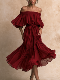 Vestido Fluido em Chiffon Bordô com Franzes, Ombros Descobertos e Cintura Amarração
