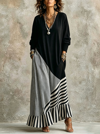 Alice | Abito Maxi Nero con Orlo a Righe Asimmetrico