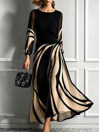 Vestido maxi con mangas farol y cuello redondo con estampado abstracto