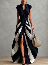 Vestido Maxi Cruzado con Cuello para Mujer, Cintura Anudada, Bloque de Color, Abertura Alta, Fluido para Fiestas
