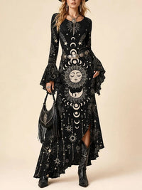 Vestido Maxi de Manga Comprida com Estampa Sol Lua Estrela Negra